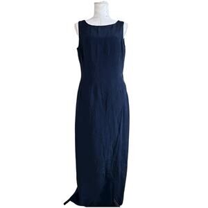 Vintage Navy Blue 100% Silk Sheath Maxi Dress Womens Sz 8 Sleeveless Side Slit